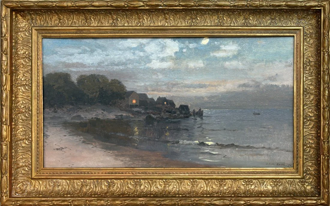   Lot 200 - Frank Knox Morton Rehn (1848-1914)  Moonrise Over Fish Shacks, Magnolia   oil on canvas, 16 x 28 in., signed l.r. (1890) very good, estimate: $3,000-$5,000 (professionally restored) 