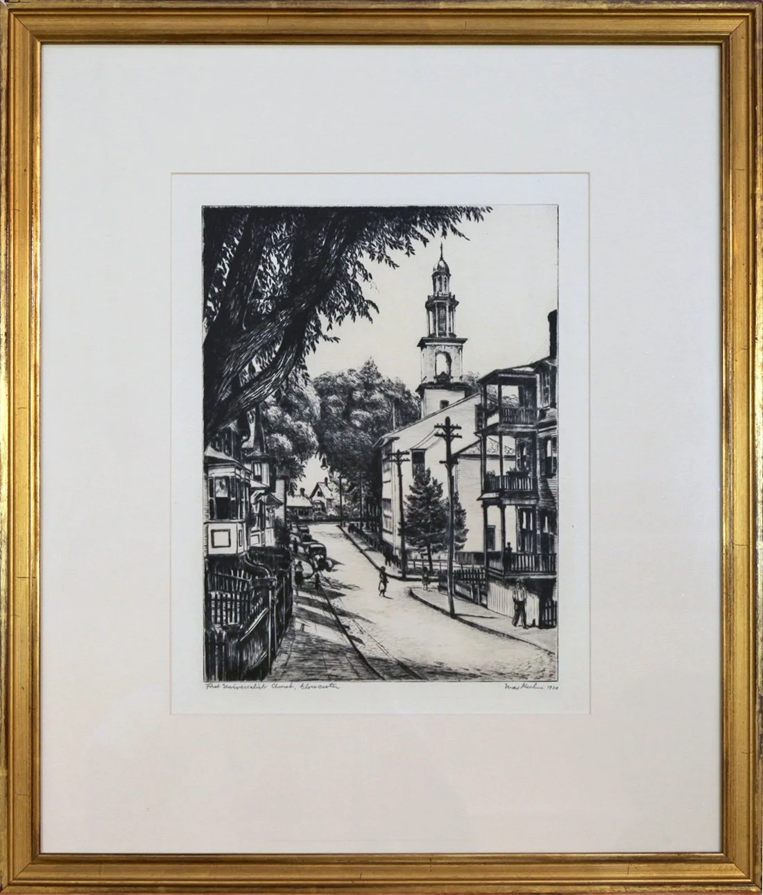   Lot 205 - Max Kuehne (1880-1968)  First Universalist Church, Gloucester     etching, 12 x 9 in., signed l.r. very good, estimate: $200-$400 