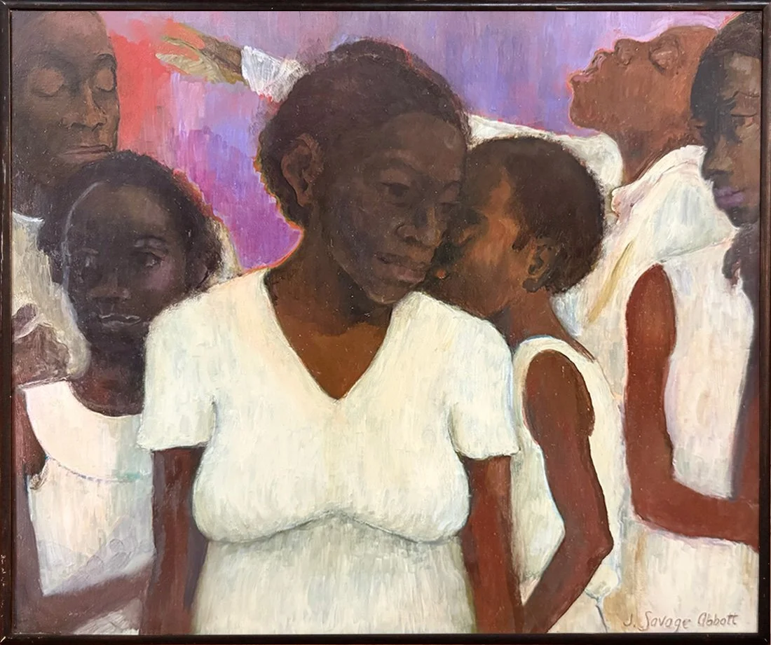   Lot 189 - Jean Savage Abbott (1928-1987)  Gathering   oil on board, 14.5 x 17.5 in., signed l.r. ('84/'85) very good, estimate: $900-$1,200 