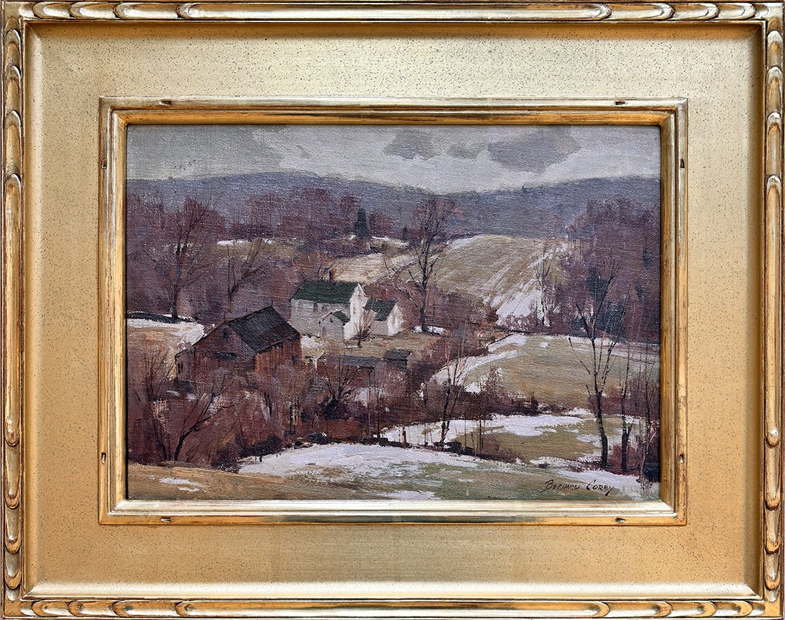 Lot 57 - Bernard Corey (1914-2000) Farm Landscape oil on canvas mnt. on board, 10 x 14 in., signed l.r. very good, estimate: $700-$1,000