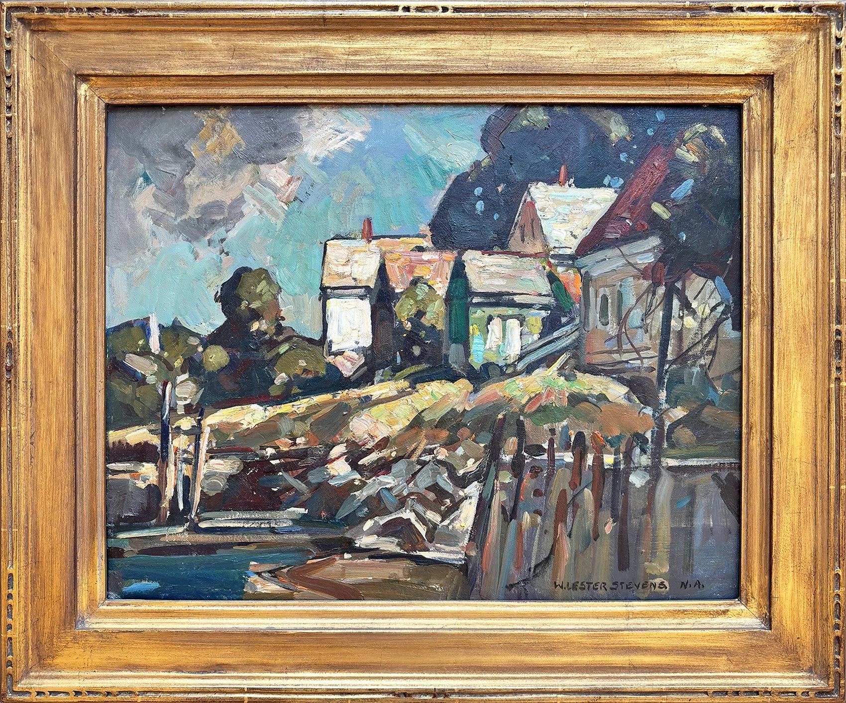   Lot 160 - W. Lester Stevens (1888-1969)  Houses by the Sea   oil on canvas panel, 16 x 20 in., signed l.r. very good, estimate: $1,000-$1,500 