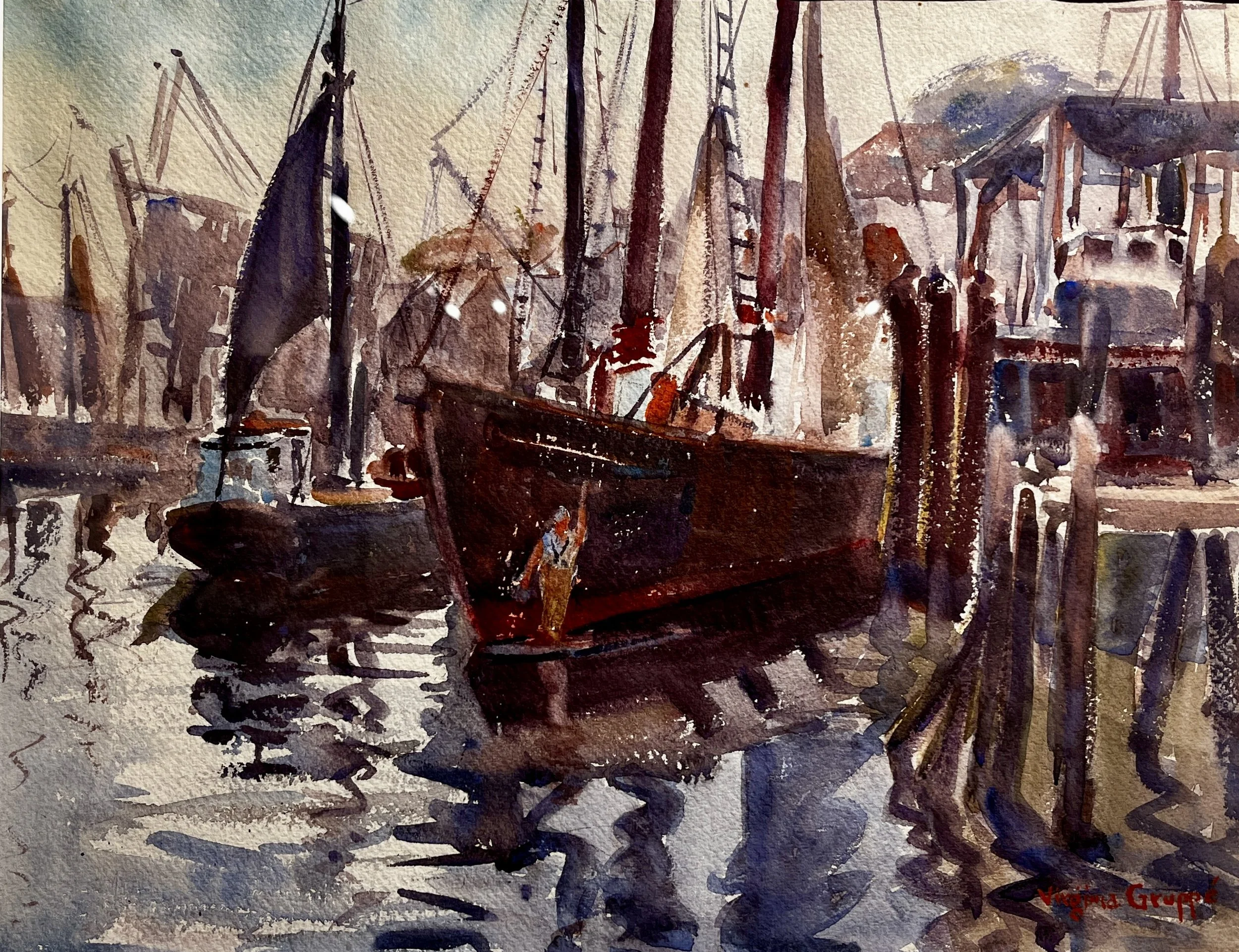  Virginia Gruppé (1907-1980)    Bearskin Neck, Water View   Watercolor, 24 × 30 in. On Loan from the Town of Rockport Collection 
