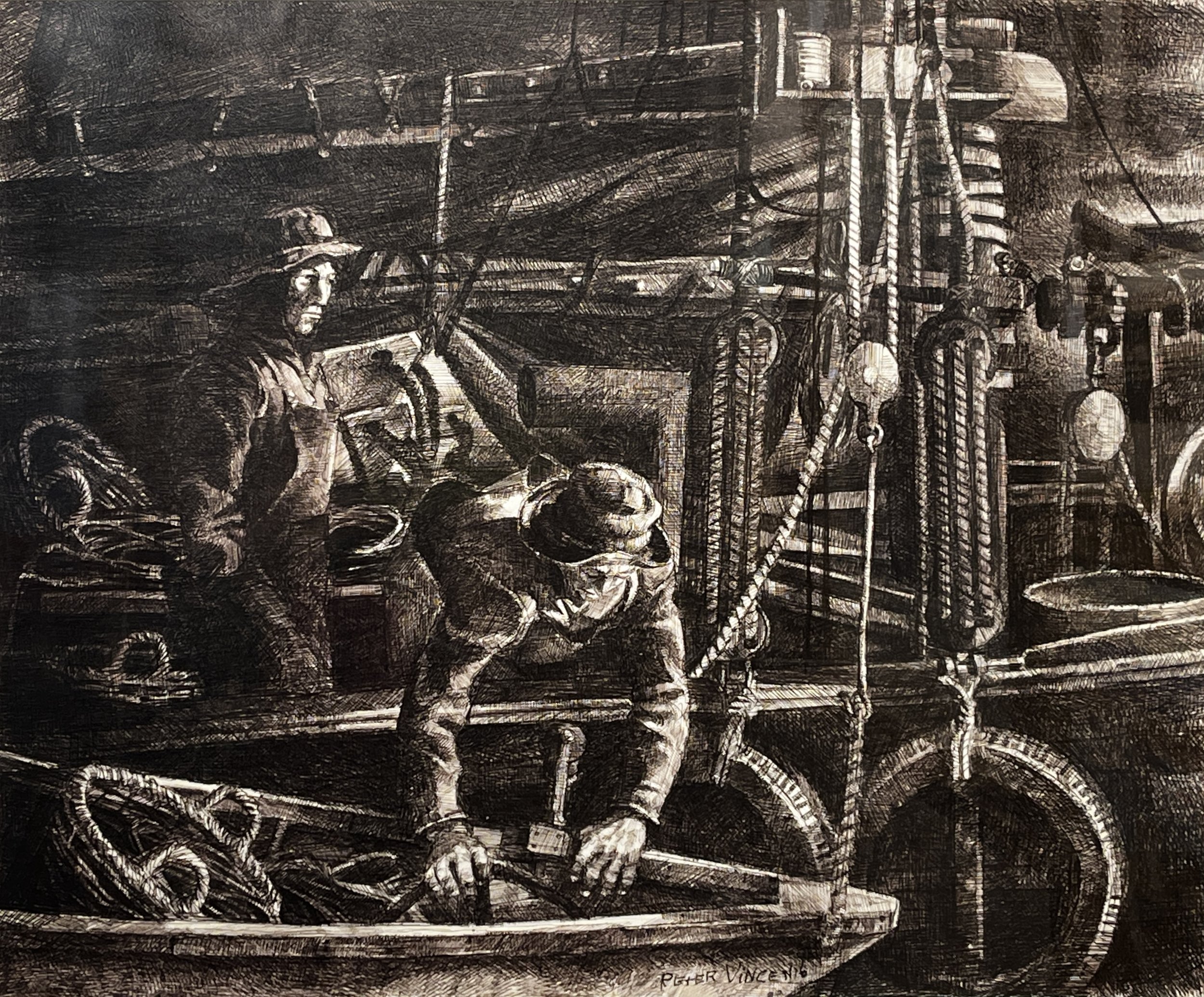   Peter Vincent (1946-2012)    Dockside Dory with Two Figures   Ballpoint Pen, 22 × 25 in. On Loan from the Town of Rockport Collection 
