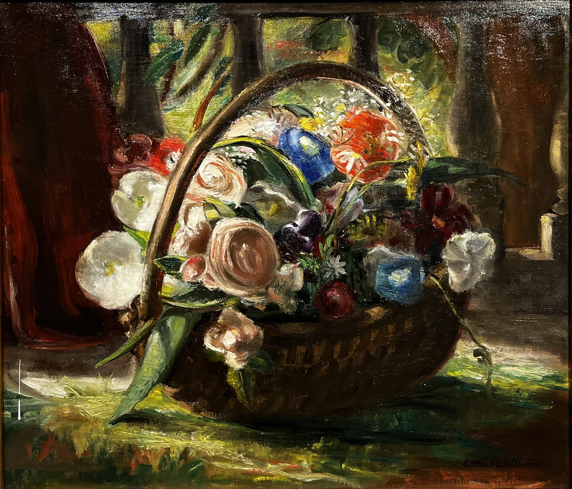  Esther Williams (1907-1969)    Floral Basket   Oil, 25 × 27.5 in. On Loan from the Town of Rockport Collection 