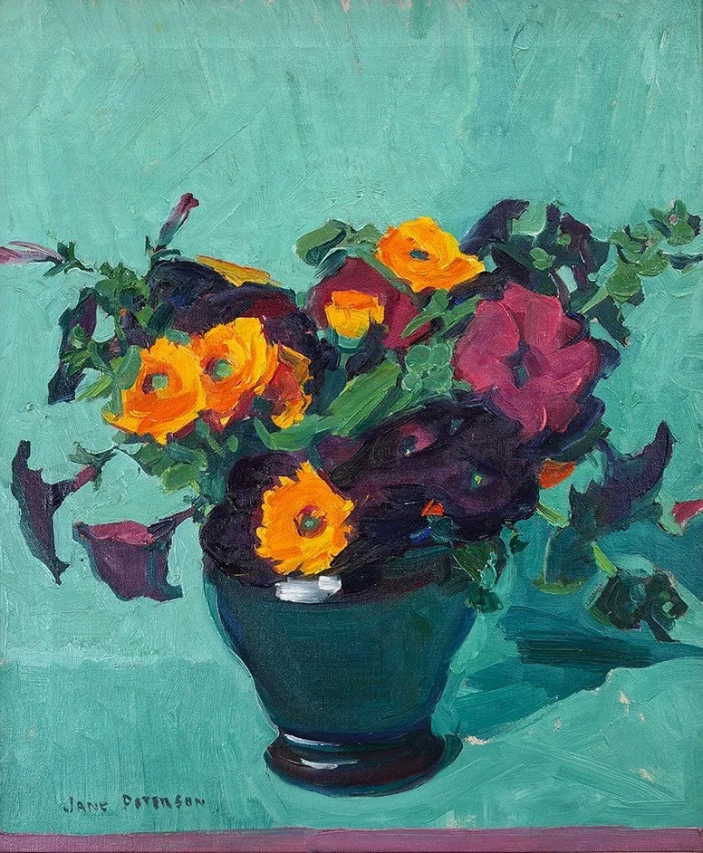  Feature Consignment:  Lot 157 - Jane Peterson (1876-1965)  Flowers in a Blue-Green Vase     oil on canvas, 24 x 20 in. 