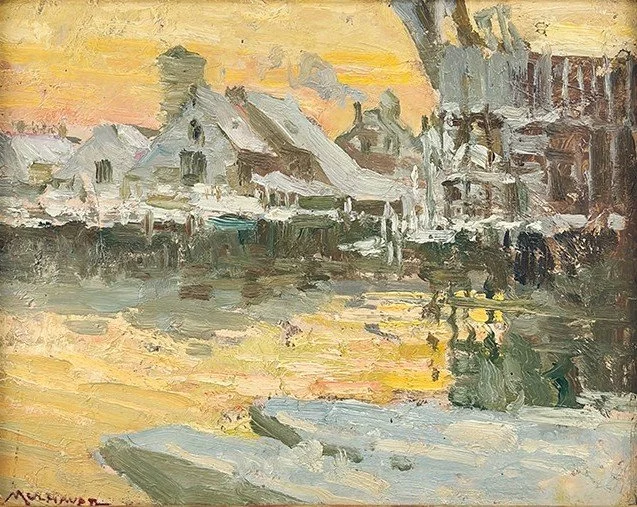  Feature Consignment:  Lot 144 - Frederick Mulhaupt (1871-1938)  Gloucester Harbor at Dawn     oil on board, 8 x 10 in. 