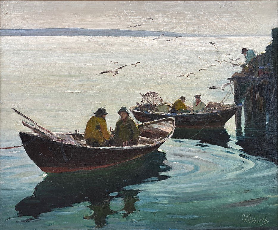  Feature Consignment:  Lot 138 - Anthony Thieme (1888-1954)  Fishermen, Eastport, ME   oil on canvas, 30 x 36 in. 