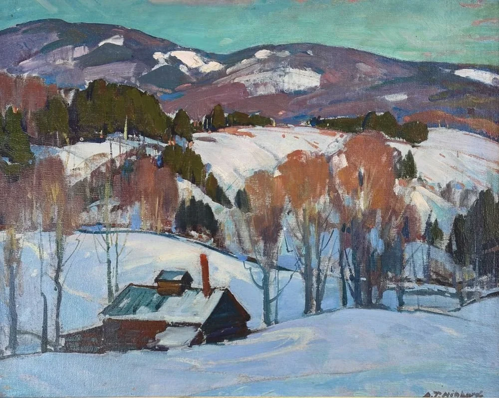  Feature Consignment:  Lot 136 - Aldro T. Hibbard (1886-1972)  Sugarhouse in the Hills   oil on canvas mnt. on board, 16 x 20 in. 