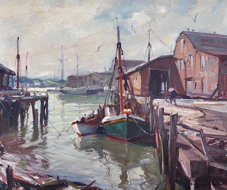  Feature Consignment:  Lot 25 - Emile Gruppé (1896-1978)  Fisherman's Wharf, Gloucester   oil on canvas, 25 x 30 in. 
