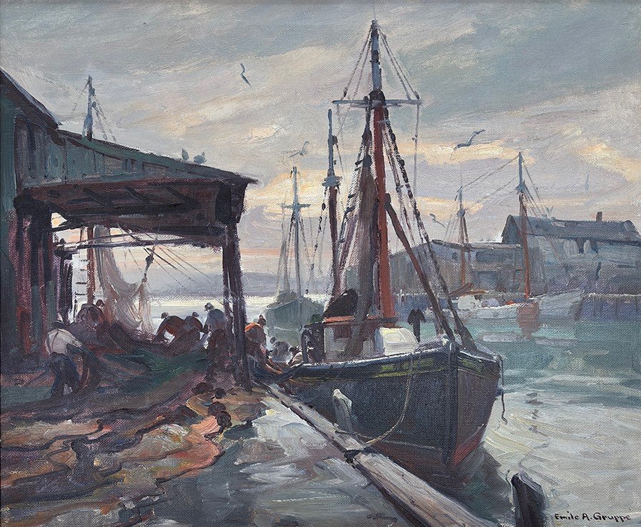  Feature Consignment:  Lot 133 - Emile Gruppé (1896-1978)  Mending the Nets     oil on canvas, 25 x 30 in. 