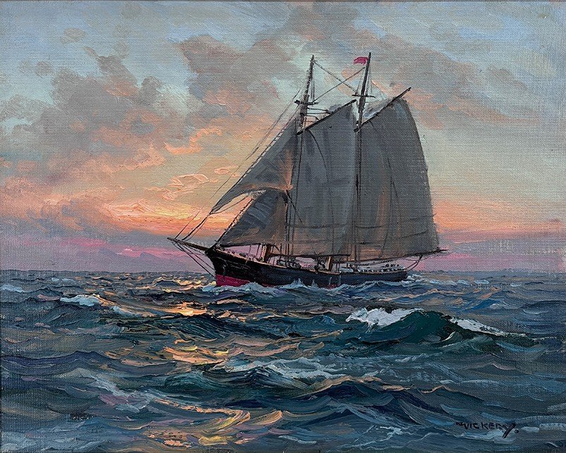  Feature Consignment:  Lot 140 - Charles Vickery (1913-1998)  Sunset Schooner at Sea   oil on canvas panel, 18 x 20 in. 