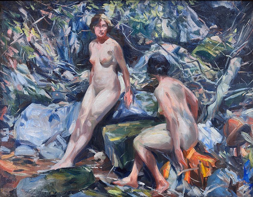  Feature Consignment:  Lot 16 - Aiden Lassell Ripley (1896-1969)  Nudes in Forest   oil on canvas, 22.5 x 28.75 in. 