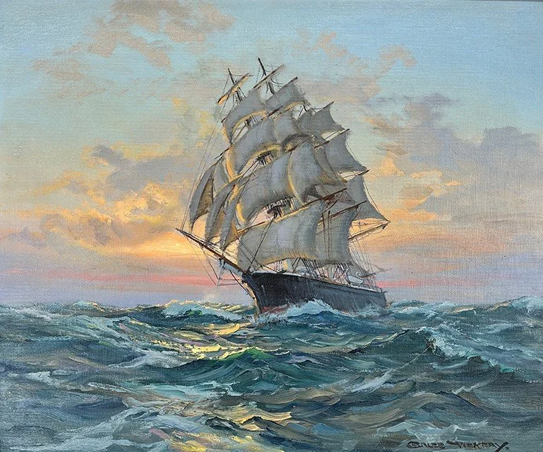  Featured Consignment:  Lot 64 - Charles Vickery (1913-1998)  Sunset Full Rigged Clipper   oil on canvas panel, 20 x 24 in. 