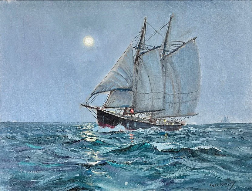  Feature Consignment:  Lot 7 - Charles Vickery (1913-1998)  Moonlight Schooner Under Sail   oil on canvas, 18 x 24 in. 