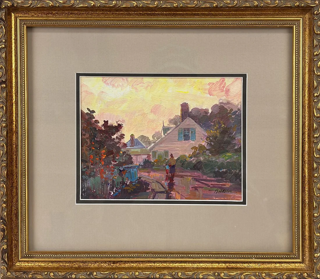   Lot 28 - Bob Blue (1924-2008)  Rockport Street Scene   mixed media, 5.5 x 7.25 in., signed l.r. very good, estimate: $300–$500 