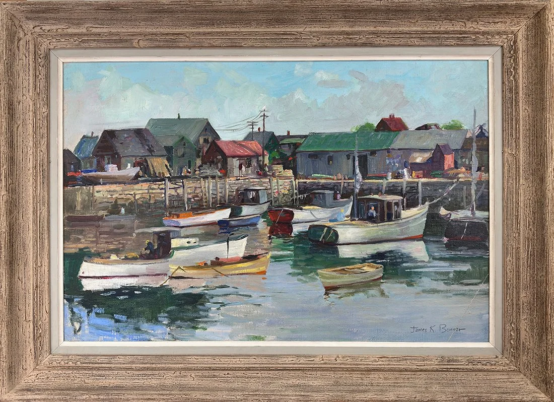   Lot 30 - James King Bonnar (1883-1961)  Rockport Lobster Boats   oil on canvas, 18.25 x 27 in., signed l.r. good, estimate: $800–$1,200 
