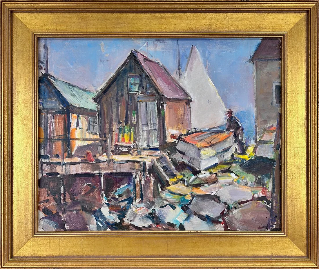   Lot 2 - Carl W. Peters (1897-1980)  Star Island Shacks, Rockport   oil on canvas mnt. on board, 15.5 x 19.5 in., unsigned, estate stamped very good, estimate: $2,000–$3,000 