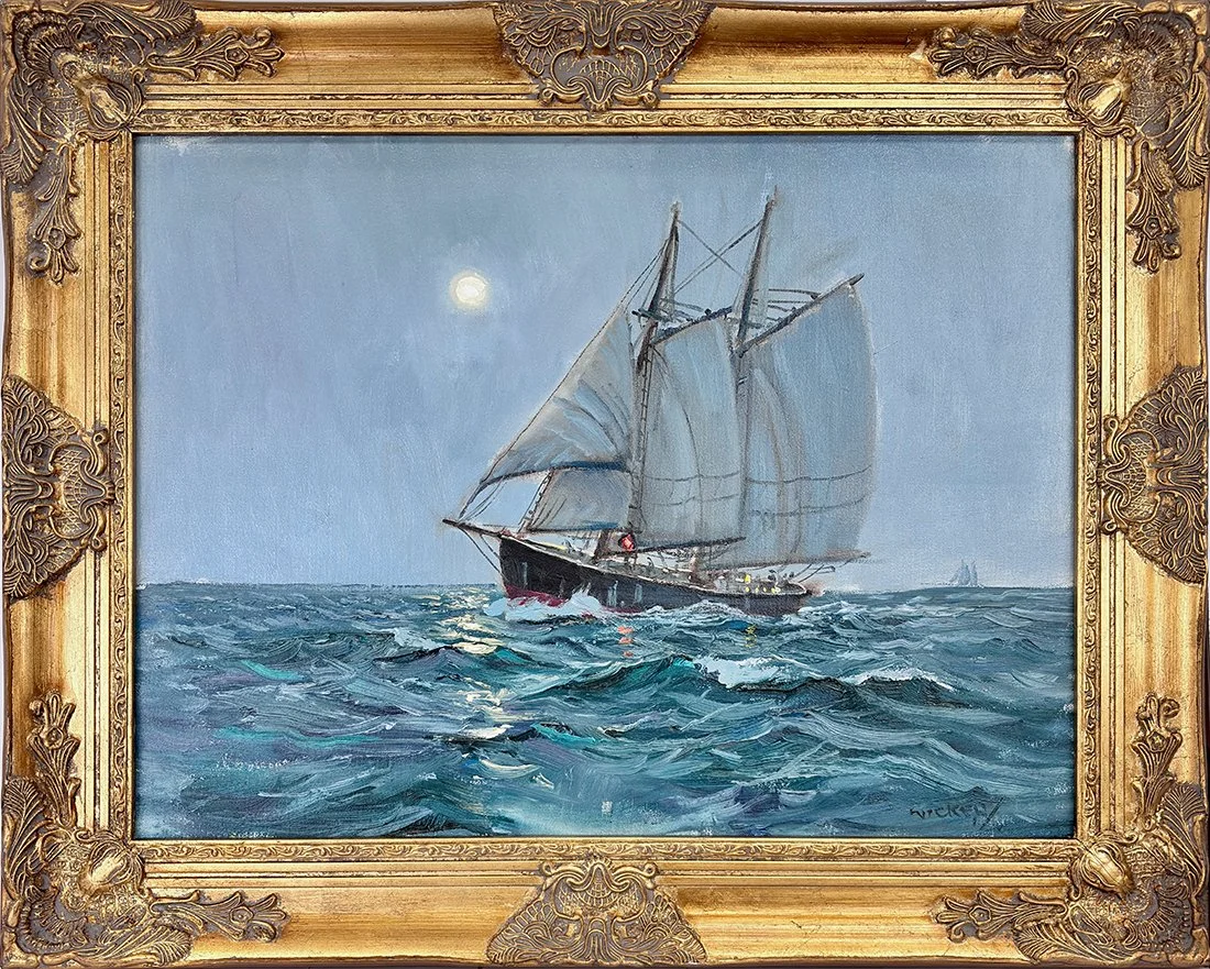   Lot 7 -   Charles Vickery (1913-1998)    Moonlight Schooner Under Sail   oil on canvas, 18 x 24 in., signed l.r. very good, estimate: $3,000–$5,000 
