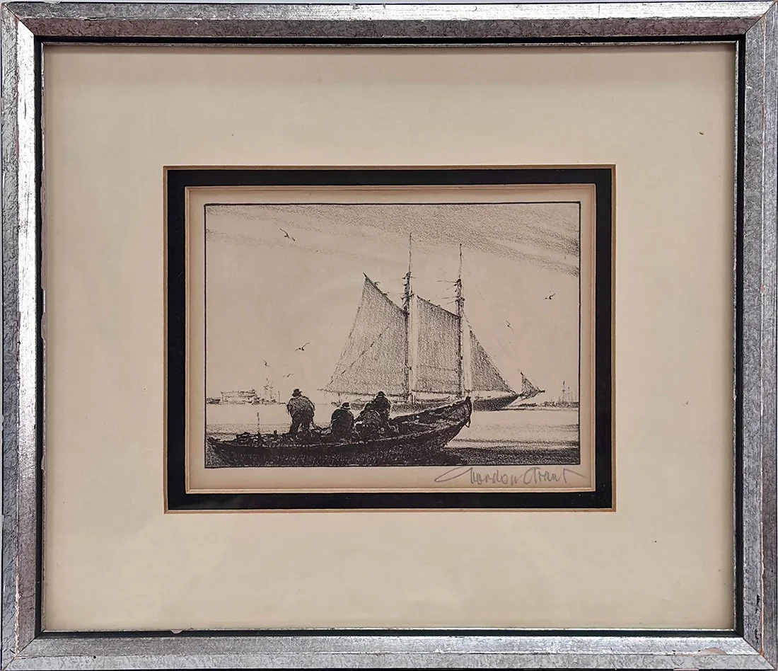   Lot 9 - Gordon Grant (1875-1962)  Sailing Ship and Dory   etching, 3.5 x 5 in., signed l.r. good, estimate: $200–$300 