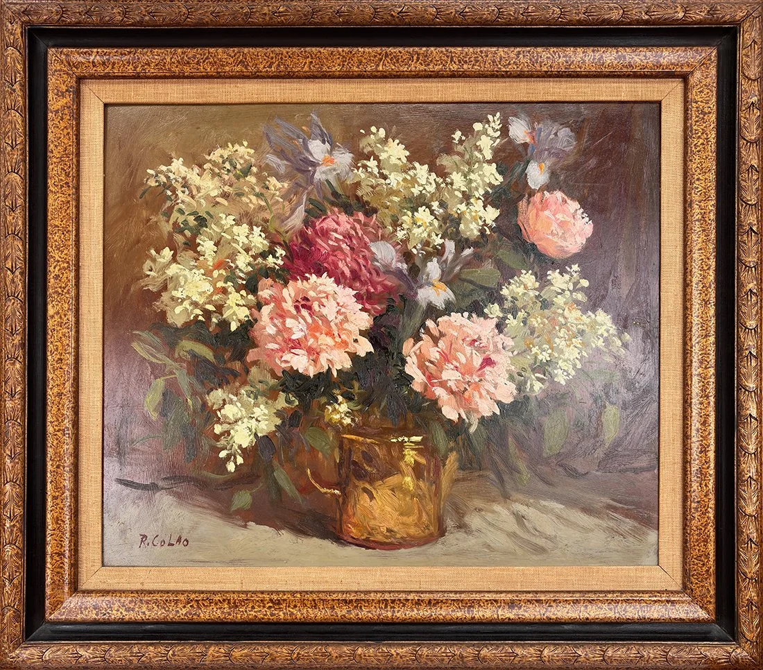   Lot 13 - Rudy Colao (1927-2014)  Pink and White Flowers in Brass   oil on board, 20 x 24 in., signed l.l. very good, estimate: $400–$600 