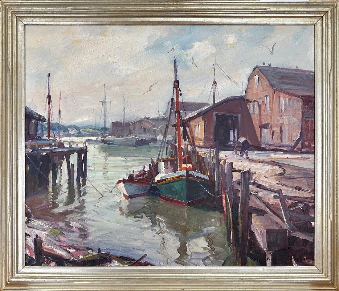   Lot 25 - Emile Gruppé (1896-1978)  Fisherman's Wharf, Gloucester   oil on canvas, 25 x 30 in., signed l.r. very good, estimate: $6,000–$9,000 
