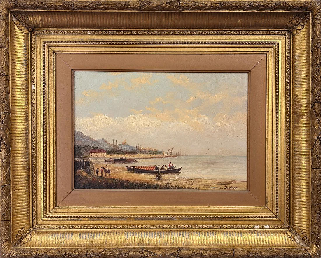   Lot 27 - Artist Unknown (19th/20th Cent.)  European Beach Scene   oil on panel, 8.5 x 11.75 in., illegibly signed l.r. very good, estimate: $300–$500 
