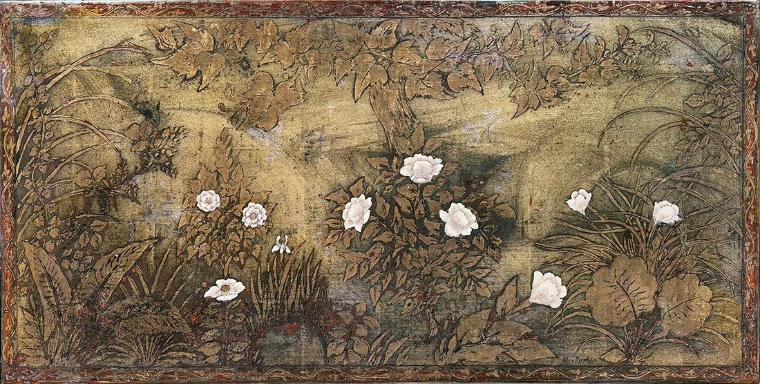   Lot 58 - Max Kuehne (1880-1968)  Coffee Table   silver gilt scrafito, 18 x 36 x 17.5 in., signed l.r. (top) very good, estimate: $3,000–$5,000 