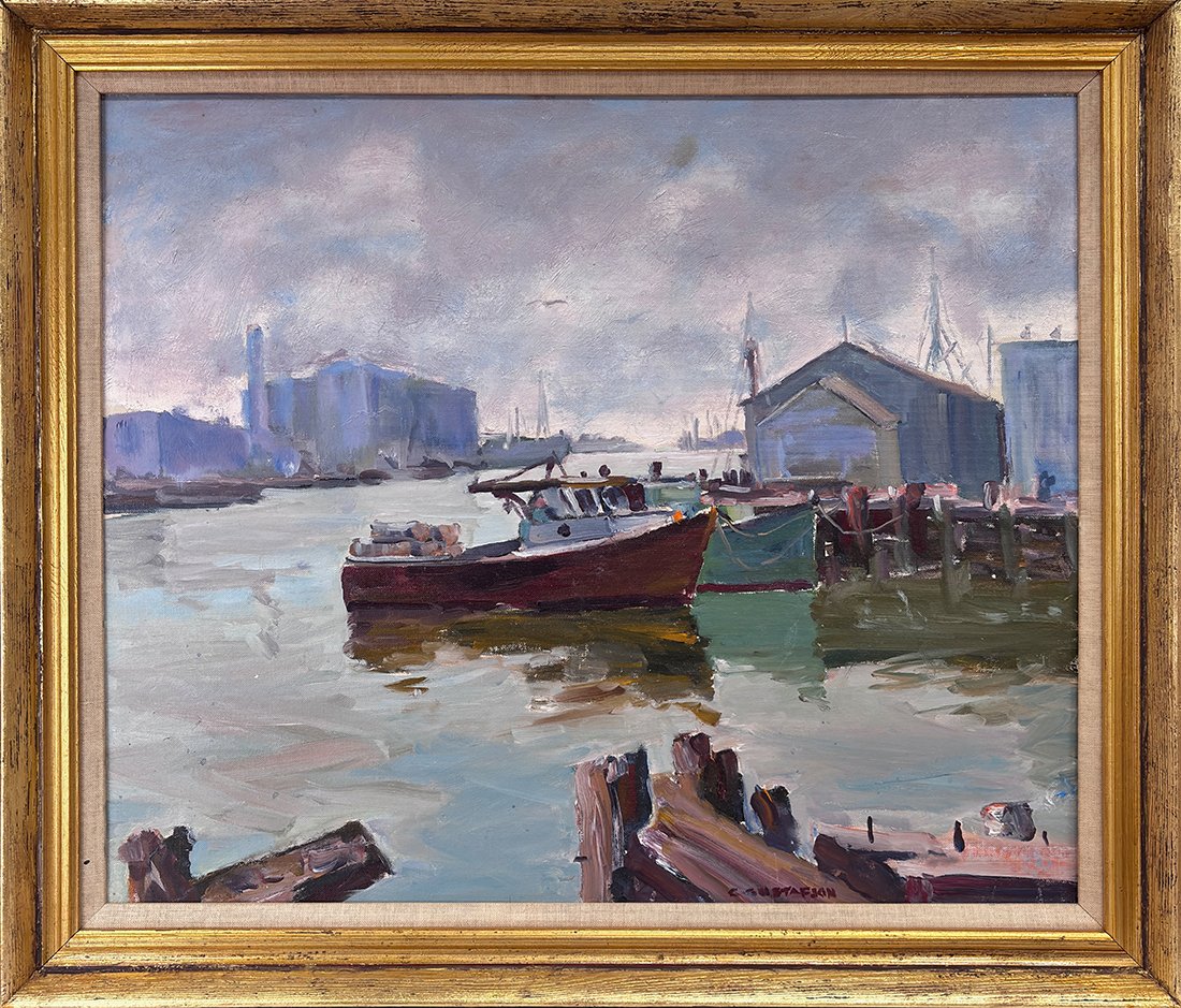   Lot 45 - Carl Gustafson (1910-2011)  Boats at Dock   oil on canvas panel, 20 x 24 in., signed l.r. very good, estimate: $300–$400 