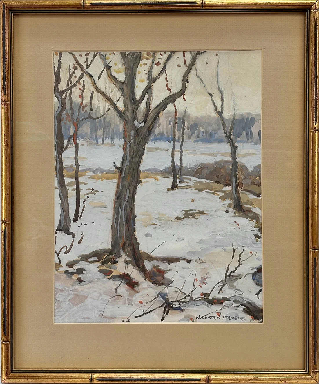   Lot 48 - W. Lester Stevens (1888-1969)  Winter Trees   watermedia, 12.5 x 9.5 in., signed l.r. very good, estimate: $400–$600 