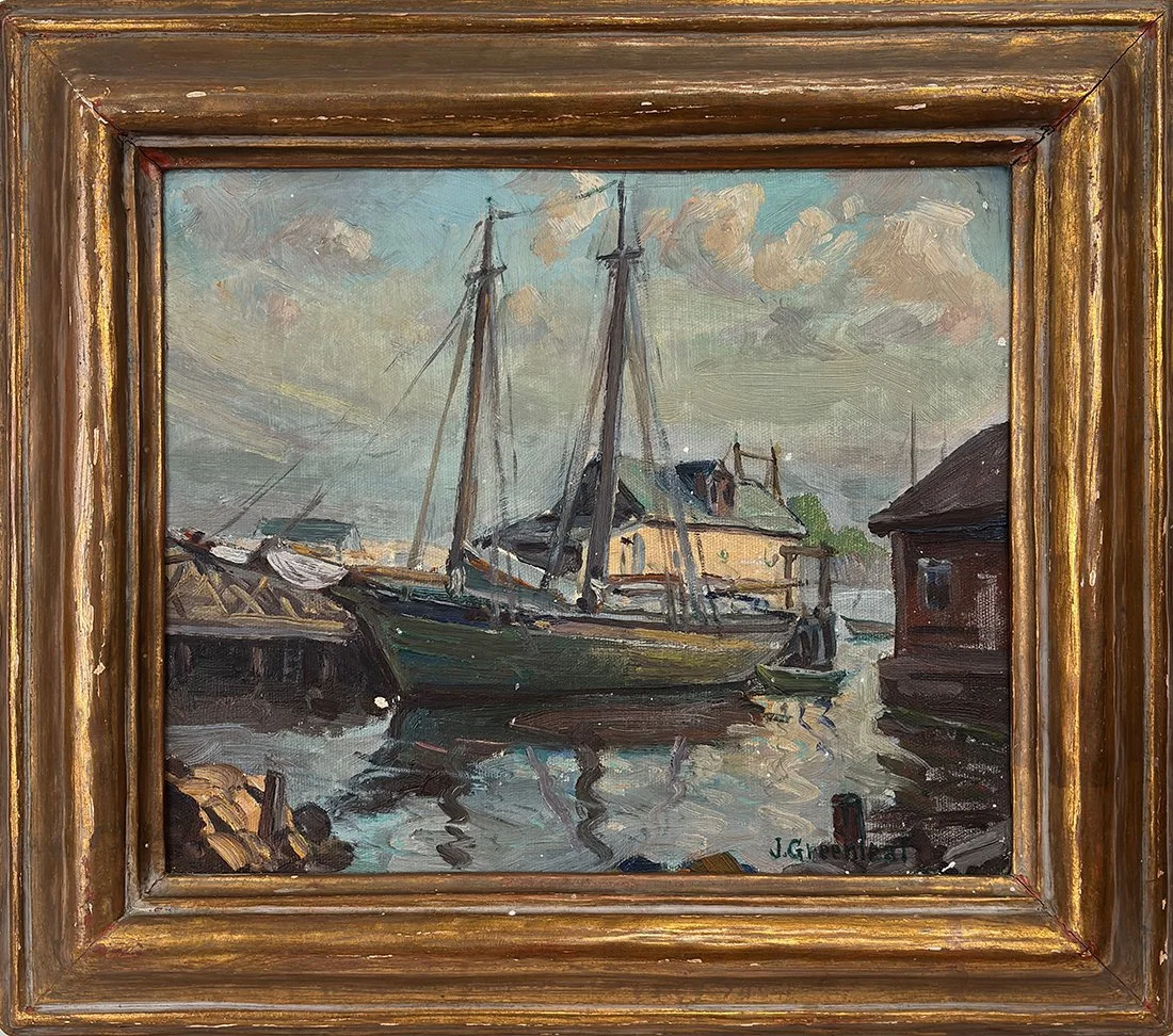   Lot 51 - Jacob Greenleaf (1887-1968)  Fishing Boat, Gloucester   oil on canvas panel, 10 x 12 in., signed l.r. good, estimate: $400–$600 