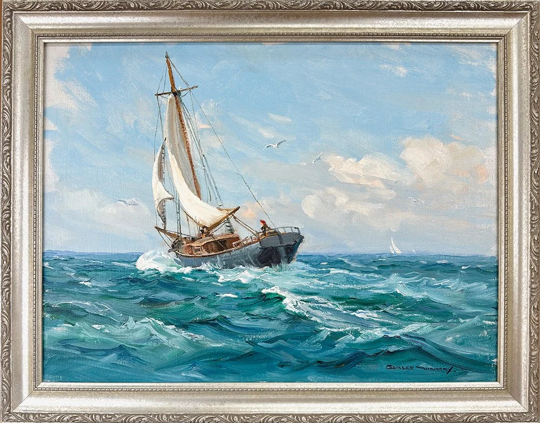   Lot 52 - Charles Vickery (1913-1998)  Schooner Heading Out   oil on canvas, 18 x 24 in., signed l.r. excellent, estimate: $3,000–$5,000 