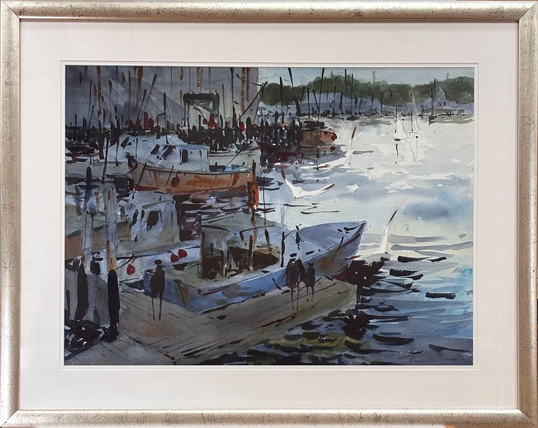   Lot 53 - Domenic DiStefano (1924-2011)  Boats at Rest   watercolor, 21.25 x 29.5 in., signed l.r. very good, estimate: $300–$500 