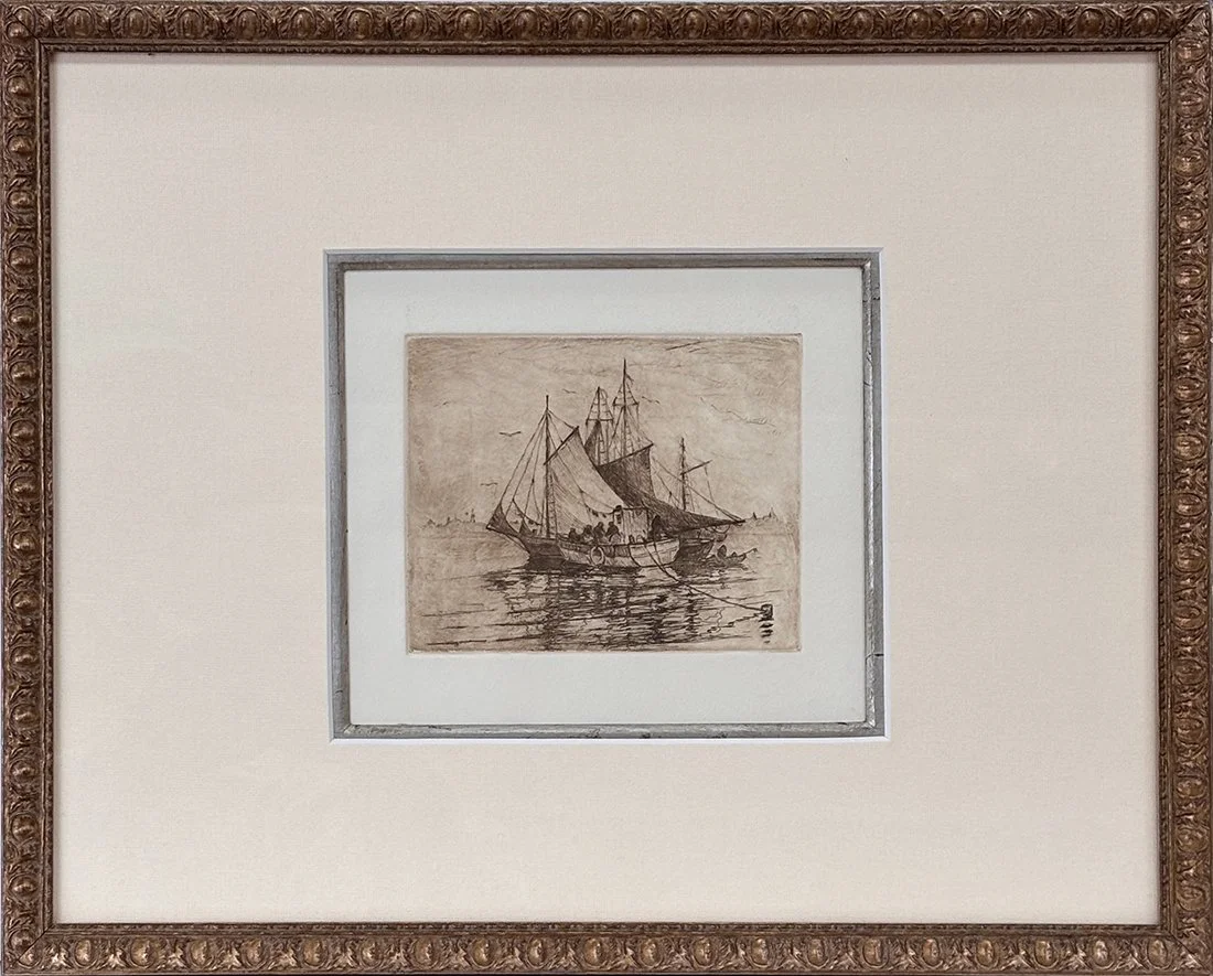   Lot 61 - Attrib. to Antonio Cirino (1888-1983)  Double Vessel at Mooring   etching, 4 x 5 in., unsigned very good, estimate: $200–$300 