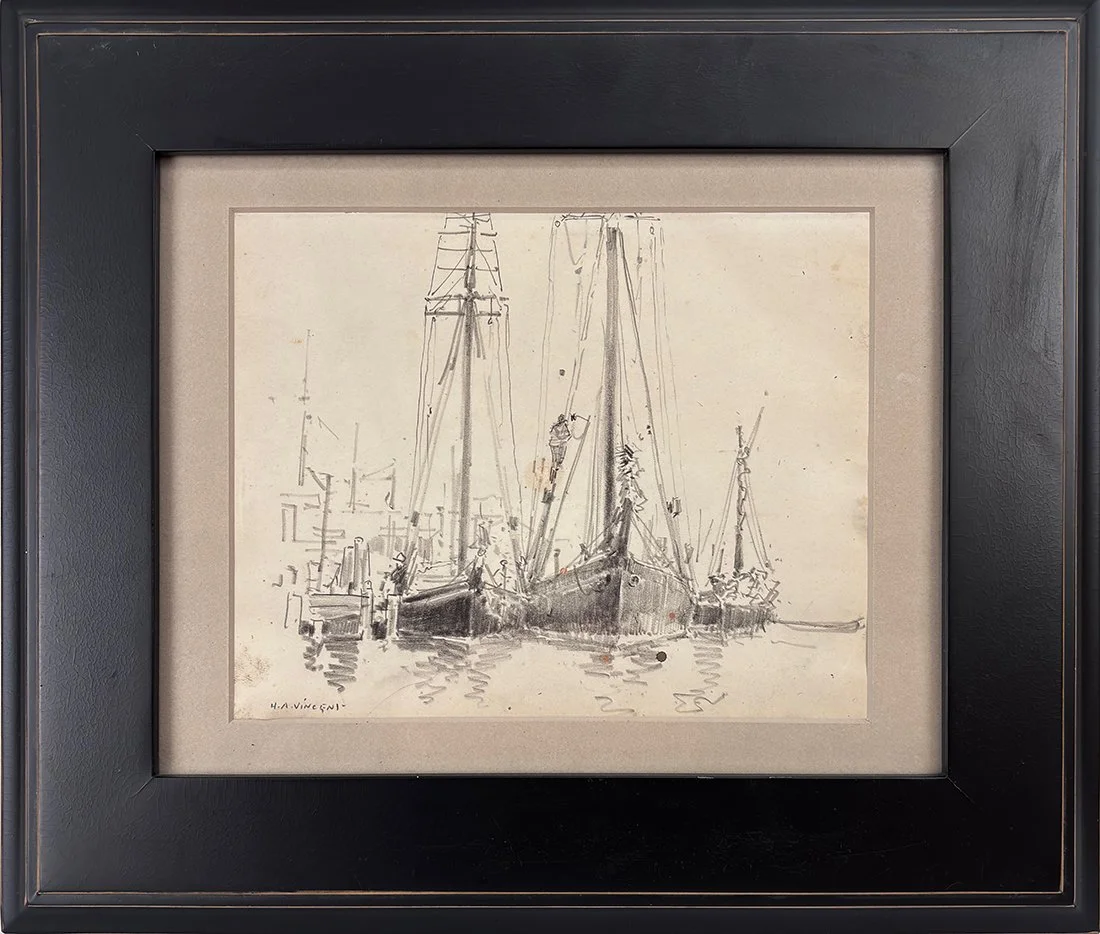   Lot 62 - Harry A. Vincent (1864-1931)  Boats in Gloucester Harbor   pencil drawing, 6.25 x 7.75 in., signed l.l. good, estimate: $200–$300 