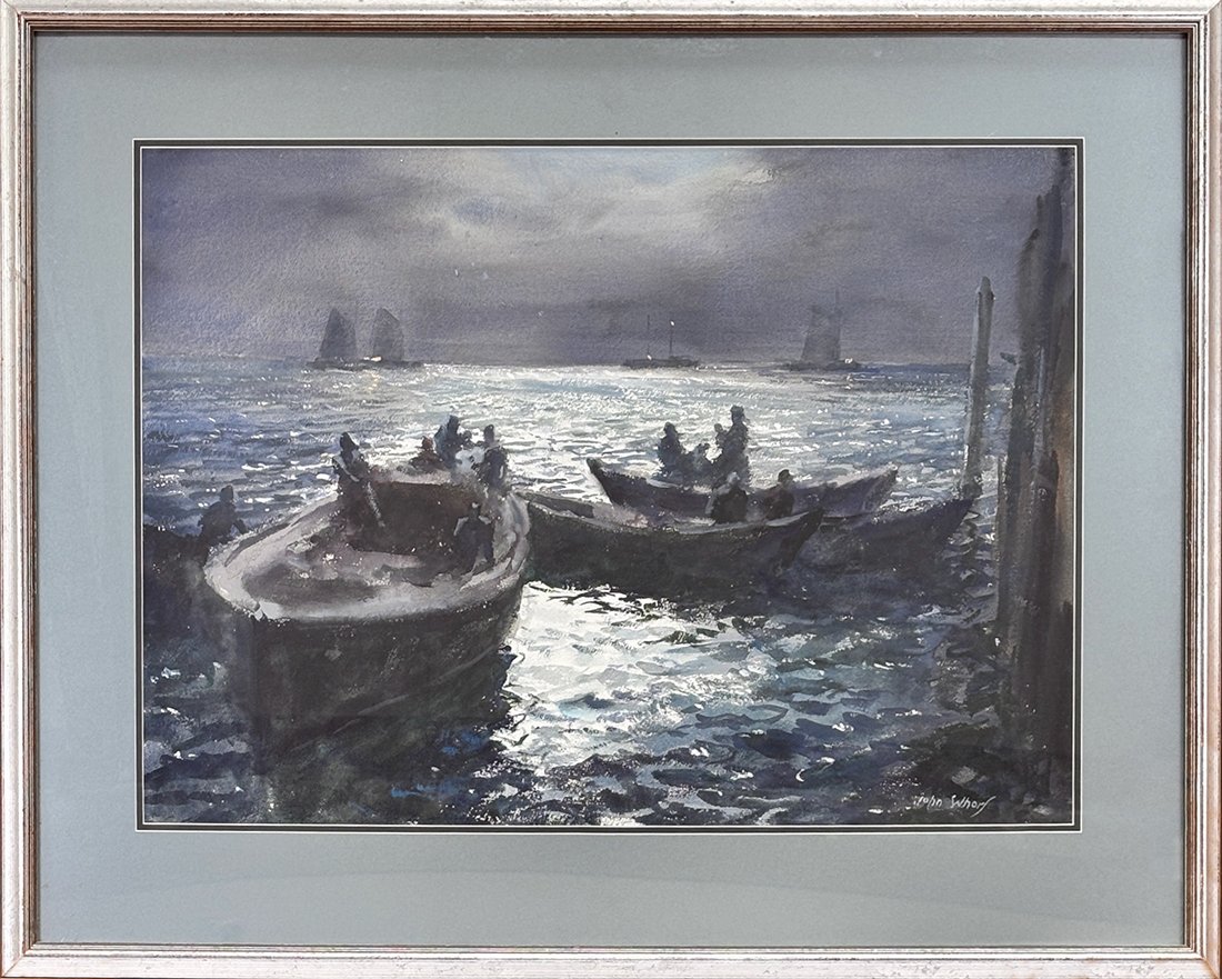   Lot 63 - John Whorf (1903-1959)  Rowboats at Night   watercolor, 21.5 x 30 in., signed l.r. excellent, estimate: $4,000–$6,000 