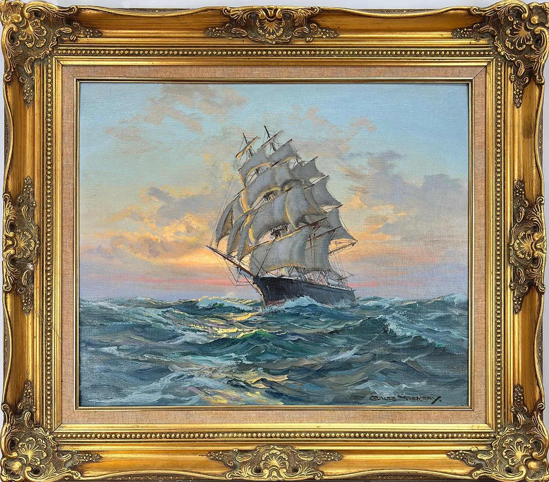   Lot 64 - Charles Vickery (1913-1998)  Sunset Full Rigged Clipper   oil on canvas panel, 20 x 24 in., signed l.r. excellent, estimate: $4,000–$6,000 