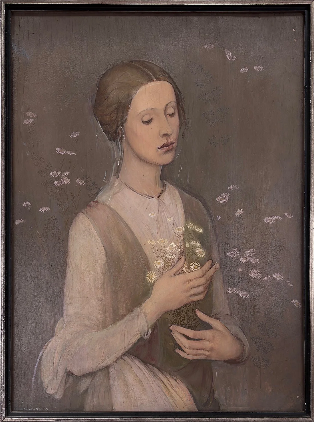   Lot 67 - Rutledge Bate (1891-1964)  Woman with Daisies   oil on wood panel, 32 x 23.5 in., signed l.l. good, estimate: $400–$800 