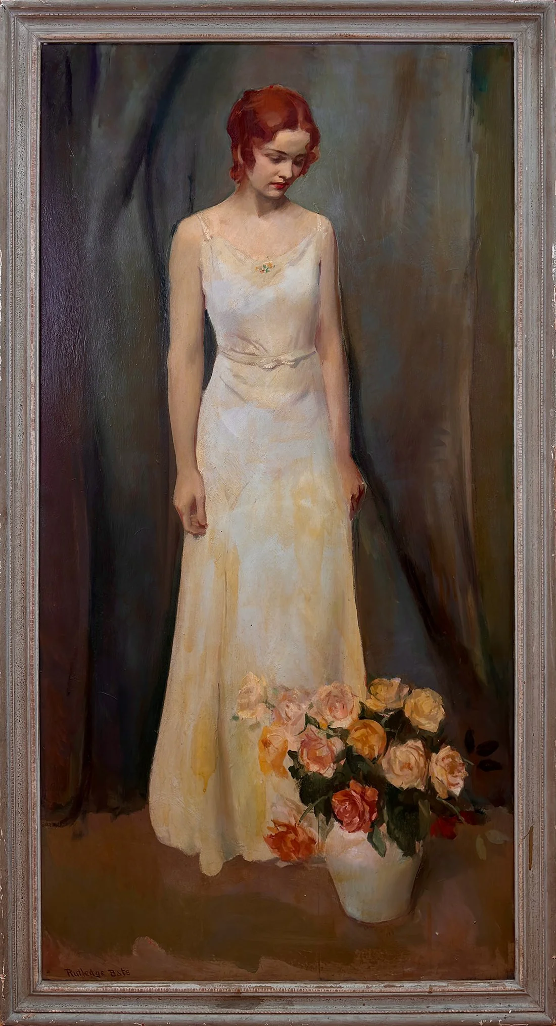   Lot 68 - Rutledge Bate (1891-1964)  Young Woman with Roses   oil on board, 60 x 30 in., signed l.l. good, estimate: $500–$1,000 (painted sketch on reverse) 