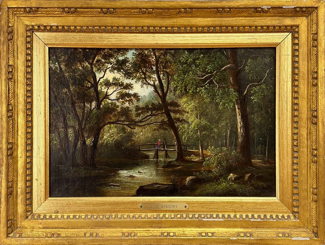  Lot 80 - Attrib. to A.M. Gregory (19th Cent.)  Sunlit Woods   oil on canvas, 8.25 x 12.25 in., unsigned very good, estimate: $300–$500 (professionally relined) 