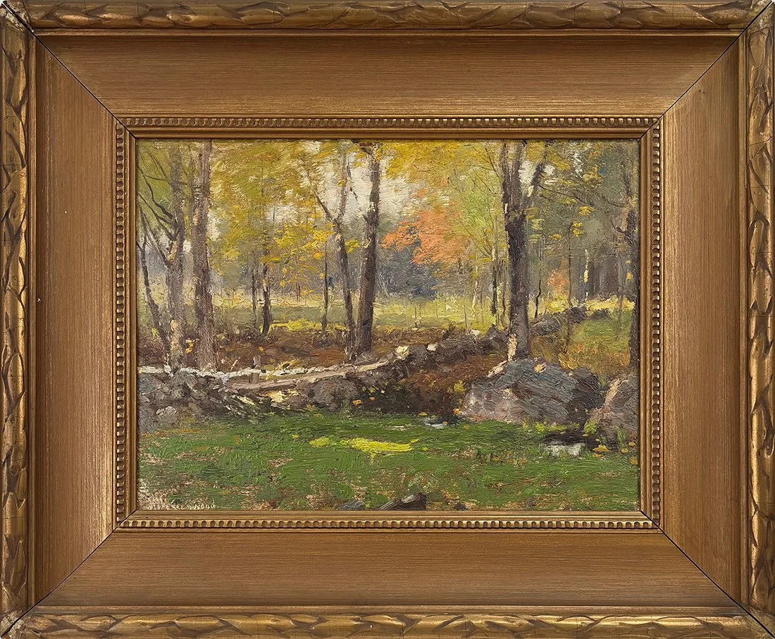   Lot 84 - Joseph C. Greenwood (1857-1927)  Woodland Scene   oil on wood panel, 9.5 x 13 in., signed l.l. very good, estimate: $1,000–$1,500 