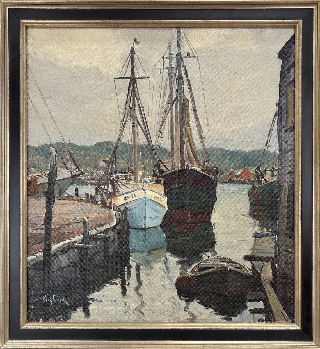   Lot 93 - Otis Cook (1900-1980)  Ships at Harbor   oil on canvas, 20 x 18 in., signed l.l. very good, estimate: $1,200–$1,800 