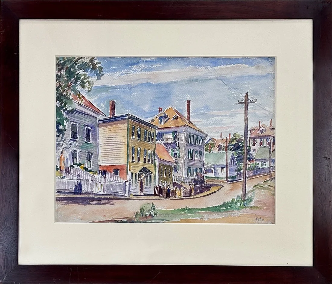   Lot 104 - Max Kuehne (1880-1968)  Coastal Street Scene   watercolor, 14.75 x 19.75 in., signed l.r. very good, estimate: $400–$800 