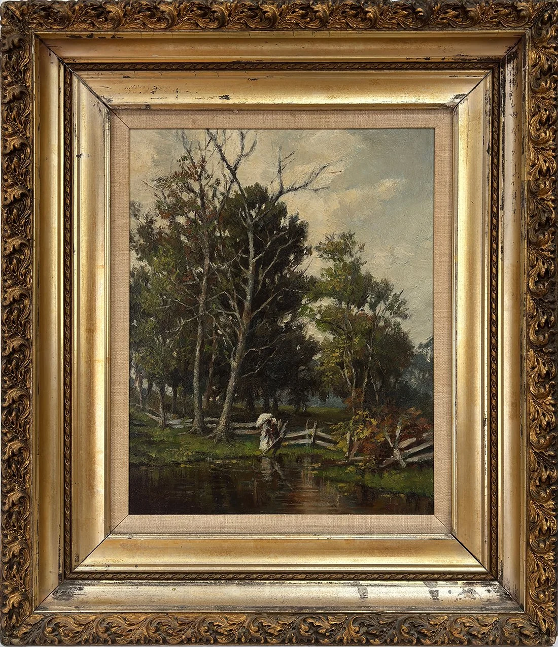   Lot 106 - Artist Unknown (19th/20th Cent.)  By the Pond   oil on board, 15 x 12 in., illegibly signed l.l. very good, estimate: $300–$600 