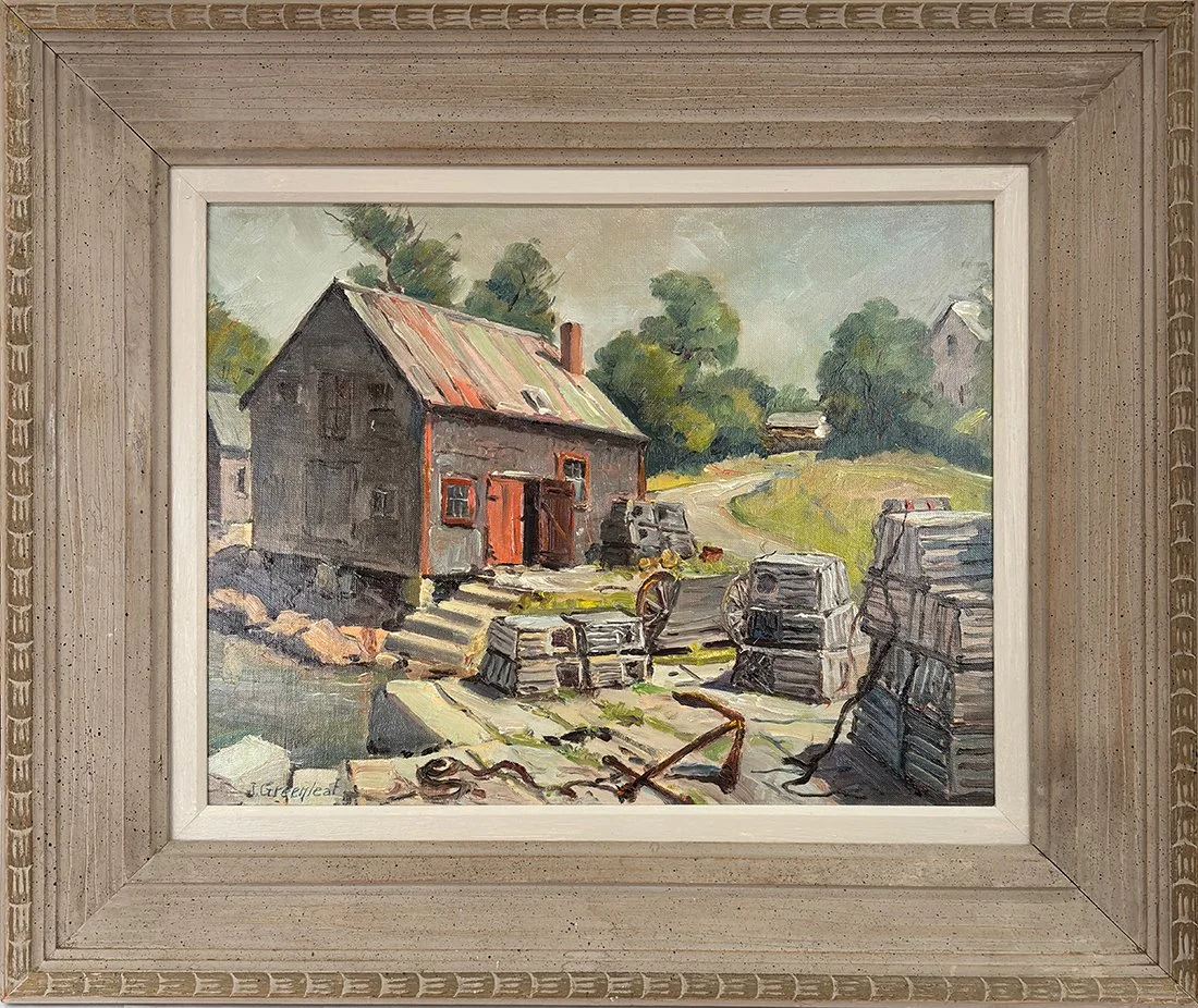   Lot 110 - Jacob Greenleaf (1887-1968)  Lobster Man's Haven   oil on canvas panel, 14 x 18 in., signed l.l. very good, estimate: $400–$600 