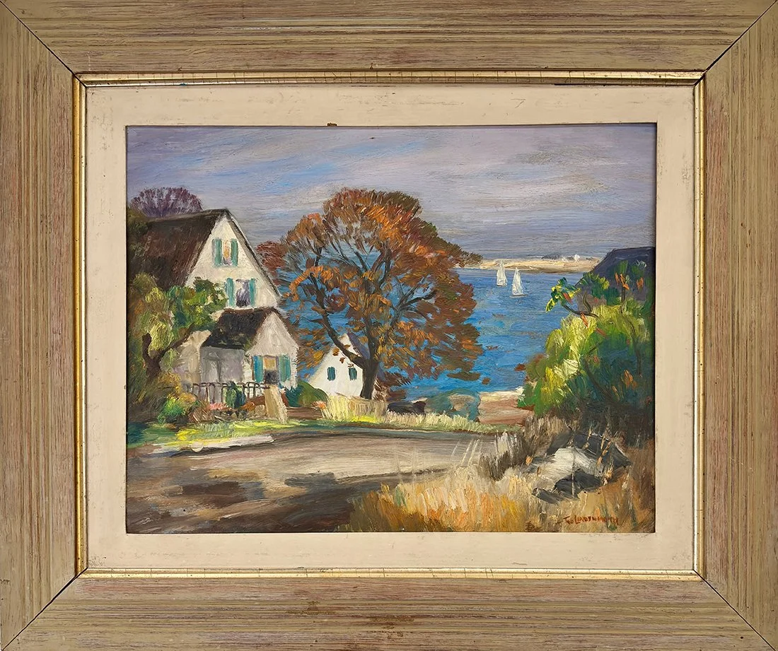   Lot 115 - Tod Lindenmuth (1885-1976)  At Pigeon Cove Overlooking Sandy Bay   oil on board, 14 x 18 in., signed l.r. very good, estimate: $400–$600 
