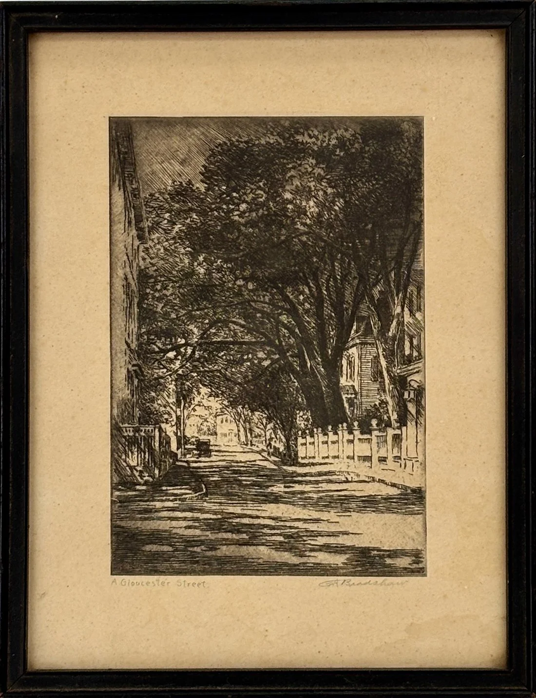   Lot 122 - George Bradshaw (1880–1968)  A Gloucester Street   etching, 5.75 x 4 in., signed l.r. very good, estimate: $200–$300 