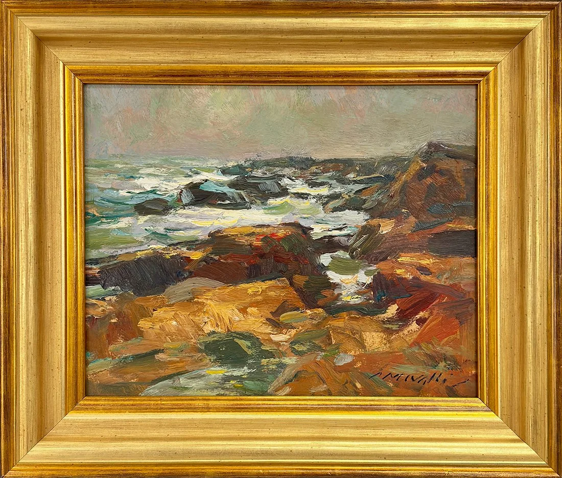   Lot 129 - Charles Movalli (1945-2016)  Rocky Coast, Cape Ann   oil on board, 8 x 10 in., signed l.r. very good, estimate: $700–$1,200 