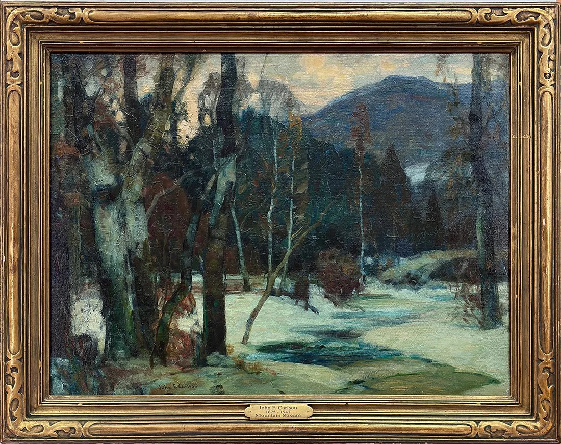   Lot 132 - John F. Carlson (1874-1945)  Mountain Stream   oil on canvas, 18 x 24 in., signed l.l. very good, estimate: $7,000–$10,000 (Newcomb-Macklin frame) 