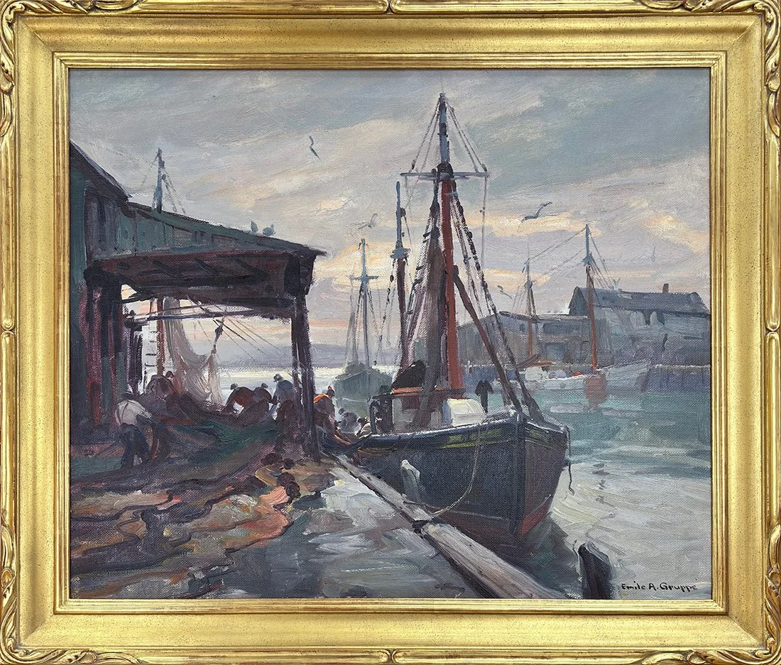   Lot 133 - Emile Gruppé (1896-1978)  Mending the Nets   oil on canvas, 25 x 30 in., signed l.r. very good, estimate: $6,000–$8,000 