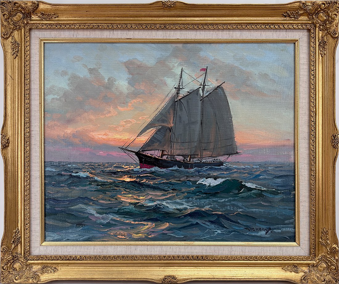   Lot 140 - Charles Vickery (1913-1998)  Sunset Schooner at Sea   oil on canvas panel, 18 x 20 in., signed l.r. very good, estimate: $4,000–$6,000 
